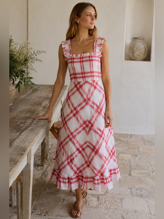 Ganni Dresses & Skirts - Ganni‎ Red and White Seersucker Checkered Maxi Dress Size 40